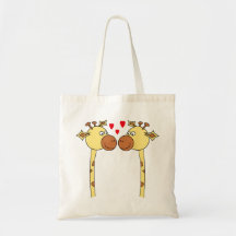 Two Giraffes with Red Love Hearts. Cartoon Tote Bags
