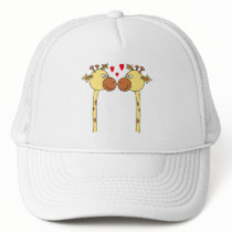 Two Giraffes with Red Love Hearts. Cartoon Mesh Hats