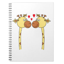Two Giraffes with Red Love Hearts. Cartoon Notebooks