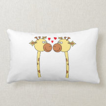 Two Giraffes with Red Love Hearts. Cartoon Pillows