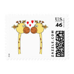Two Giraffes with Red Love Hearts. Cartoon Postage