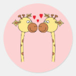 Two Giraffes with Red Love Hearts. Cartoon Round Stickers