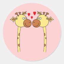 Two Giraffes with Red Love Hearts. Cartoon Round Stickers