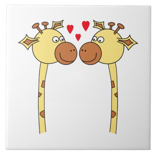 Two Giraffes with Red Love Hearts. Cartoon Ceramic Tile