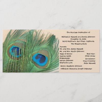 Two Golden Peacock Feathers Wedding Program Custom Rack Card