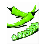 Two Green Chili peppers one cut up Post Cards