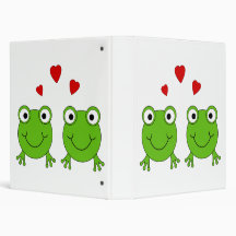 Two green frogs with red hearts. 3 ring binders