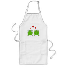 Two green frogs with red hearts. aprons