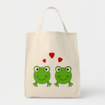 Two green frogs with red hearts. canvas bag