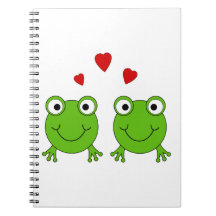 Two green frogs with red hearts. note book