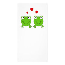 Two green frogs with red hearts. photo card template