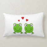 Two green frogs with red hearts. throw pillow