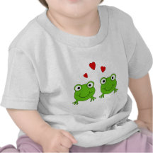 Two green frogs with red hearts. shirt