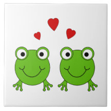 Two green frogs with red hearts. tiles