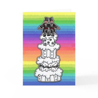 Two Grooms on Rainbow Wedding Cake greeting card