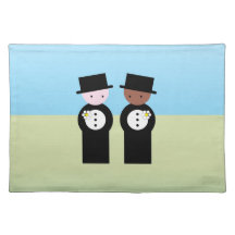 Two grooms, one colored, one caucasian placemats