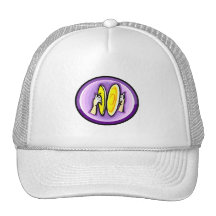 Two hands playing crash cymbals in purple circle trucker hats