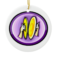 Two hands playing crash cymbals in purple circle christmas tree ornaments