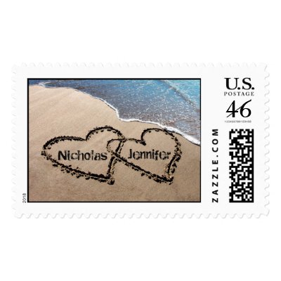 Two Hearts In Sand Wedding Custom Postage Stamps