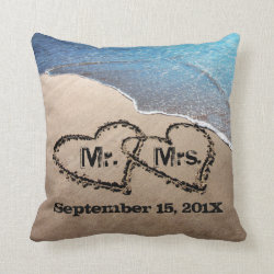 Two Hearts In The Sand Beach Wedding Pillow