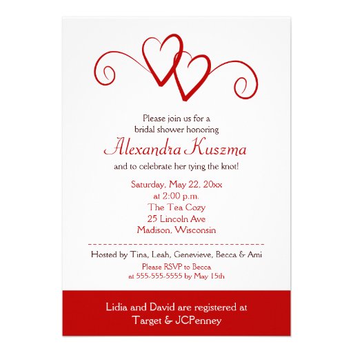 Two Hearts Red Swirl Bridal Shower Invitation
