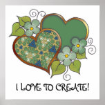 Two hearts with blossoms green navy posters