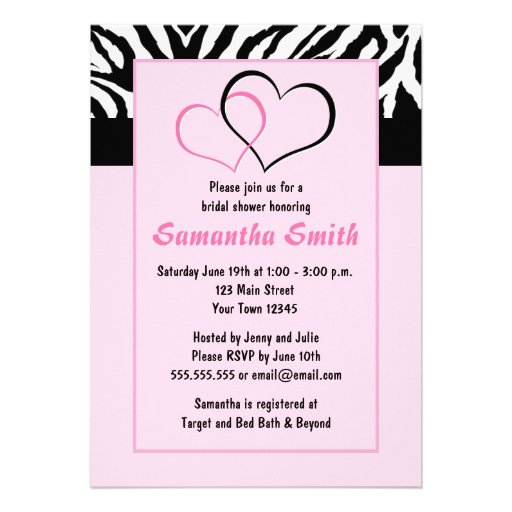 Two Hearts Zebra Pink Bridal Shower Party Invite