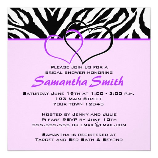 Two Hearts Zebra Purple Bridal Shower Party Invite