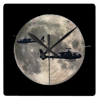 two helicopters silhouetted by a full moon wallclocks