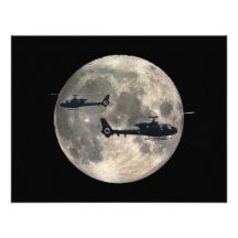 two helicopters silhouetted by a full moon invite