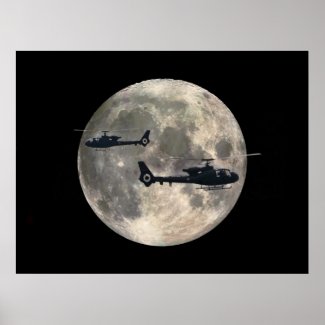 two helicopters silhouetted by a full moon poster