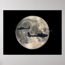 two helicopters silhouetted by a full moon print