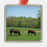 Two horses in field with trees and pond christmas ornament