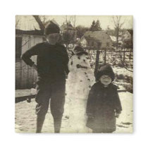 Two kids and a snowman square magnet by amazingvintage Two kids and a snowman square magnet