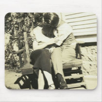 Two lovers kissing on a bench mousepads by amazingvintage Two lovers kissing on a bench mousepads