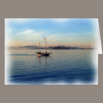 Two-Masted sailboat motoring on bay cards by jeffwqc Two-Masted sailboat motoring on bay cards