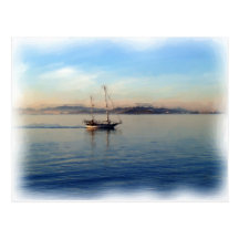 Two-masted sailboat motoring postcard