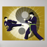 Two men performing martial arts in front of a print