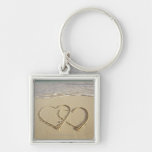Two overlying hearts drawn on the beach with key chain