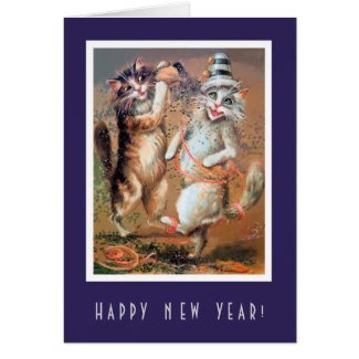Two Partying Cats Wish for a Happy New Year Cards