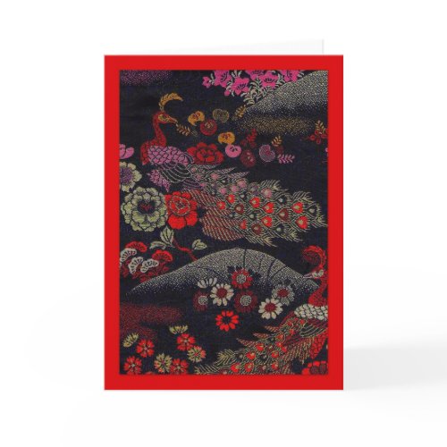 Two Peacocks on Silk Obi Fabric card