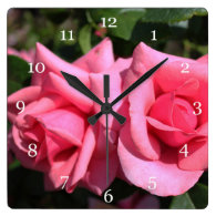 two perfect hot pink rose flowers. love square wall clocks