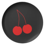 Two Red Cherries on Black. Dinner Plates