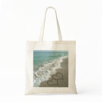 Two Sand Hearts on the Beach, Romantic Ocean Canvas Bags