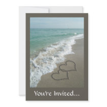 Two Sand Hearts on the Beach, Romantic Ocean Invitation