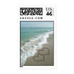 Two Sand Hearts on the Beach, Romantic Ocean Postage Stamp