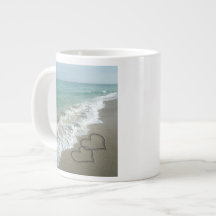 Two Sand Hearts on the Beach, Romantic Ocean Jumbo Mug