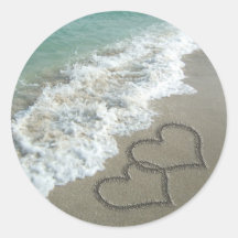 Two Sand Hearts on the Beach, Romantic Ocean Stickers