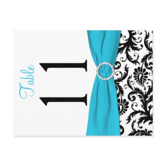 Two-sided Aqua, Black, White Damask Table Number postcard