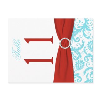 Two-sided Aqua, Red, White Damask Table Number postcard